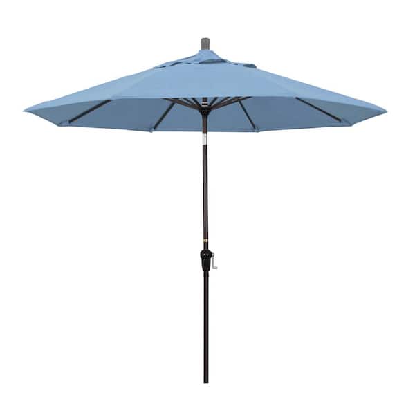 California Umbrella 9 ft. Bronze Aluminum Pole Market Aluminum Ribs Auto Tilt Crank Lift Patio Umbrella in Air Blue Sunbrella