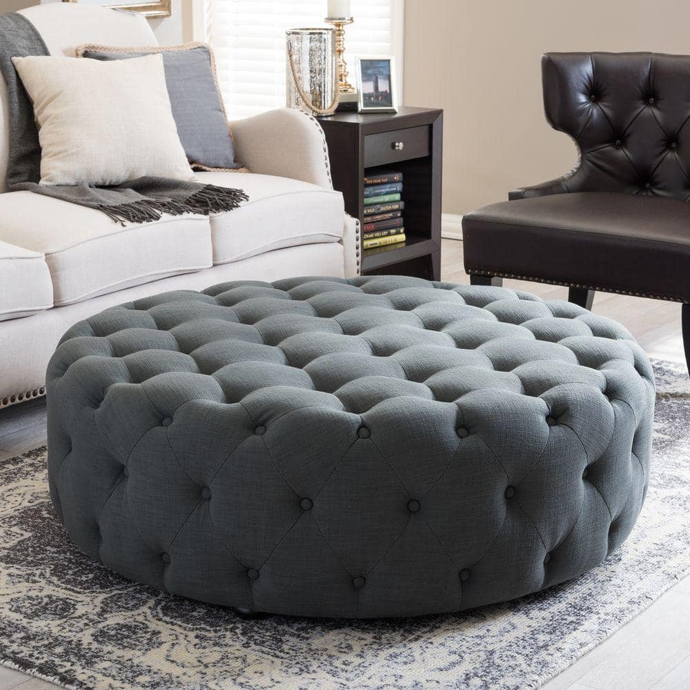Elysian Dark Gray Linen Round Tufted Ottoman with Eucalyptus Wood