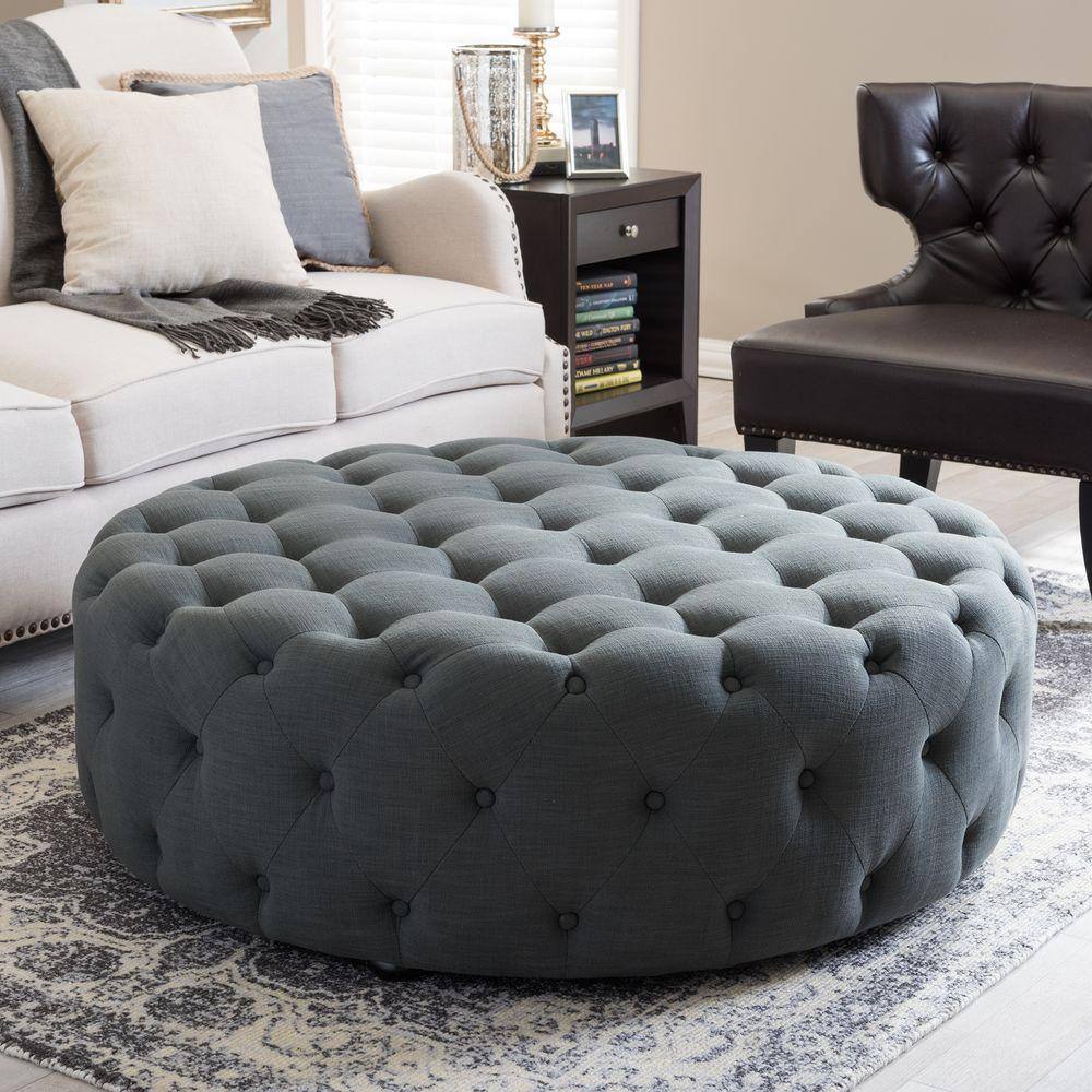 Elysian Dark Gray Linen Round Tufted Ottoman with Eucalyptus Wood