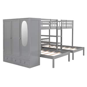 Gray Full-Over-Twin-Twin Bunk Bed with Shelves, Wardrobe and Mirror