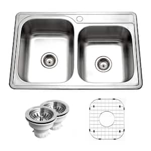 Glowtone Drop-In Stainless Steel 33 in. 1-Hole Double Bowl Kitchen Sink with Accessory Combo Pack