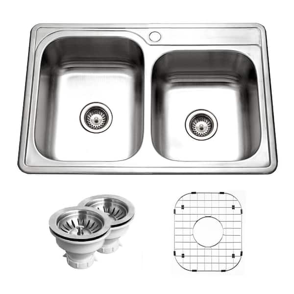 HOUZER Houzer Glowtone 33 in. Stainless Steel Topmount 1-hole 60/40 Double Bowl Kitchen Sink Strainer and Grid - ISL-3322BS1-C