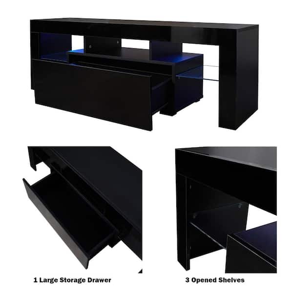 URTR Modern Black TV Stand with LED Lights High Glossy TV
