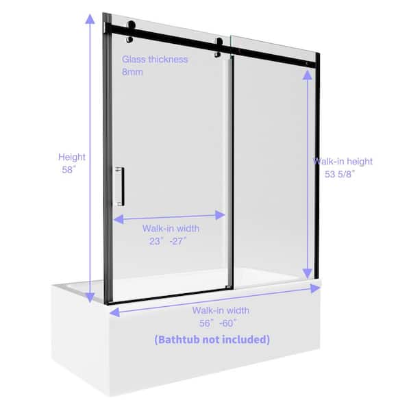 Luxury 56- 60 in. W x 58 in. H Sliding Frameless Tub Door in Matte Black with 5/16 in. Tempered Clear Glass (8mm)