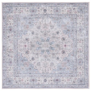 Tucson Beige/Green 6 ft. x 6 ft. Machine Washable Floral Border Distressed Geometric Square Area Rug