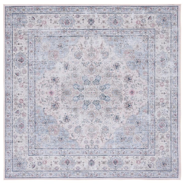 SAFAVIEH Tucson Beige/Green 6 ft. x 6 ft. Machine Washable Floral Border Distressed Geometric Square Area Rug