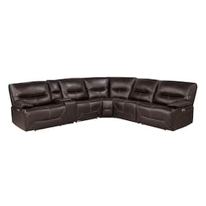 Halliday 119 in. Straight Arm 6-piece Faux Leather Power Reclining Sectional Sofa in Brown