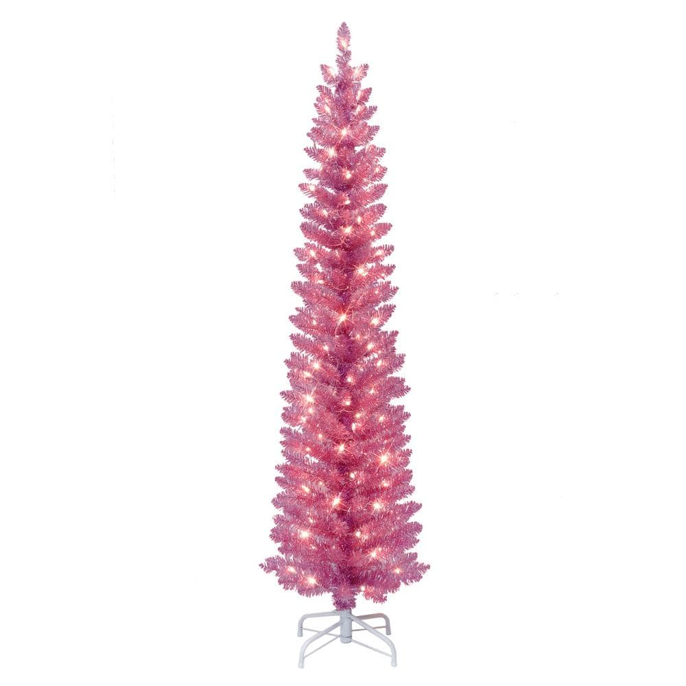 Puleo International 6 ft. Prelit Pink Tinsel Artificial Christmas Tree ...