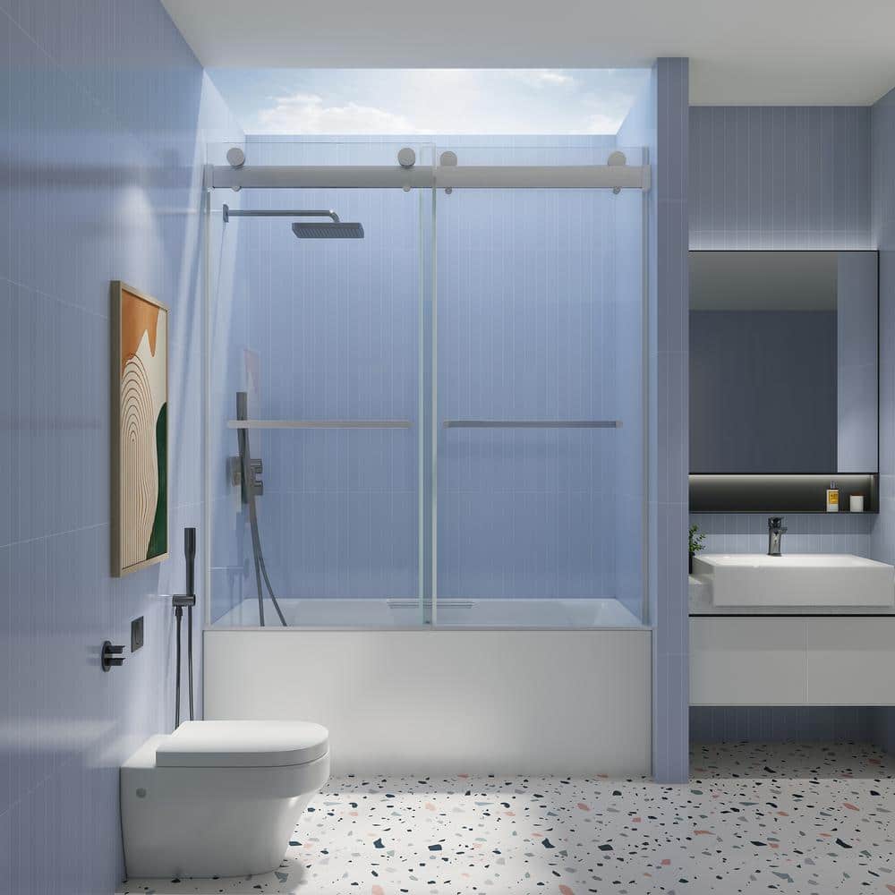 60 in. W x 62 in. H Frameless Double Sliding Tub Door Bypass Tub Shower Doo