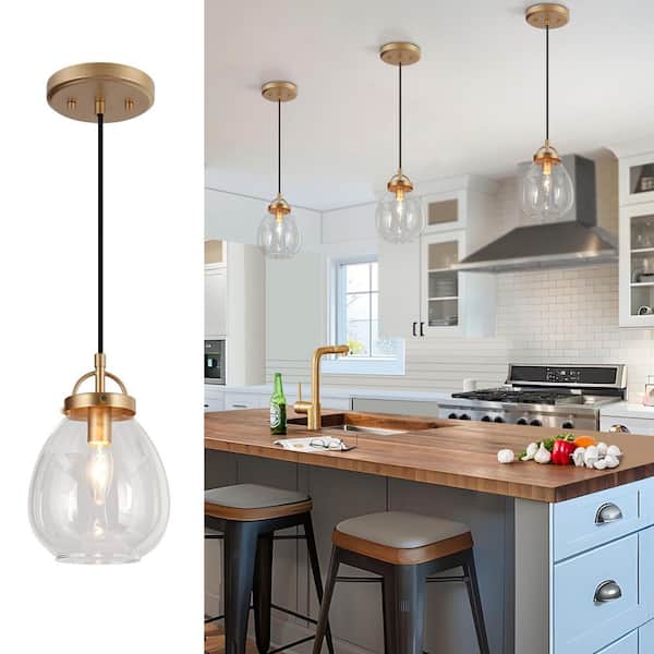 1-Light Dark Gold Kitchen Pendant Light, Modern Hanging Light with Oval Clear Glass Shade for Dining Room