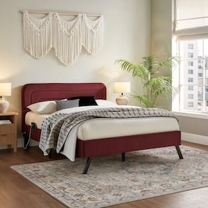 Andrews Burgundy Red Wood Frame Queen Size Platform Bed with Power