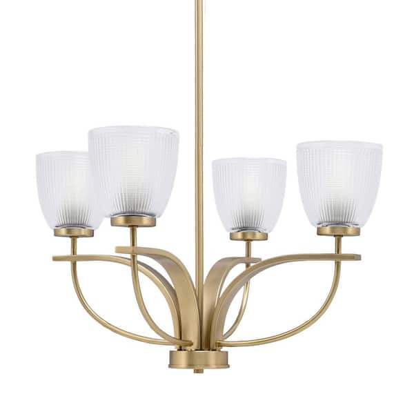 Unbranded Olympia 4-Light Uplight Chandelier New Age Brass Finish 5 in. Clear Ribbed Glass