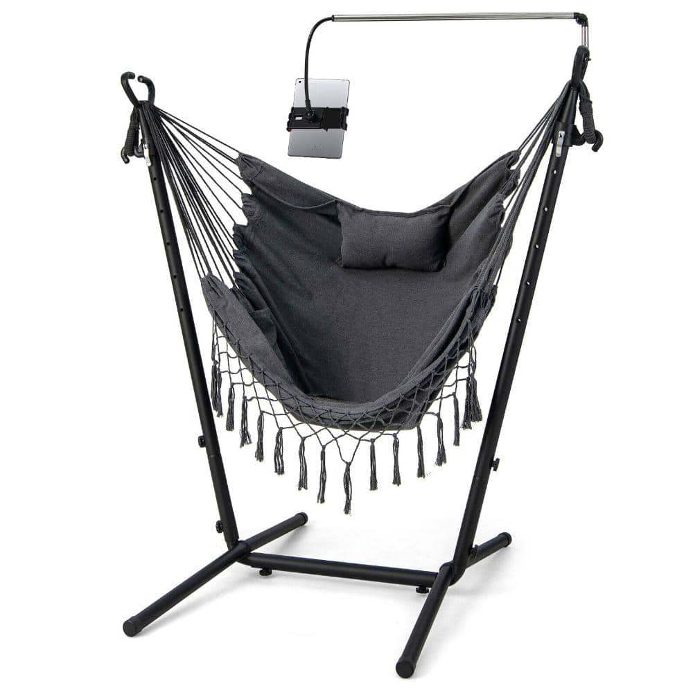 Height Adjustable Hammock Chair with Phone Holder and Side Pocket for Indoor Outdoor Patio Garden Backyard-Gray price history on PriceWatchPro