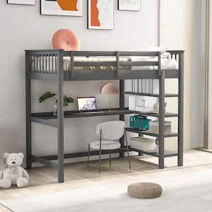 Gray Twin Size Loft Bed with Storage Shelves and Under-Bed Desk