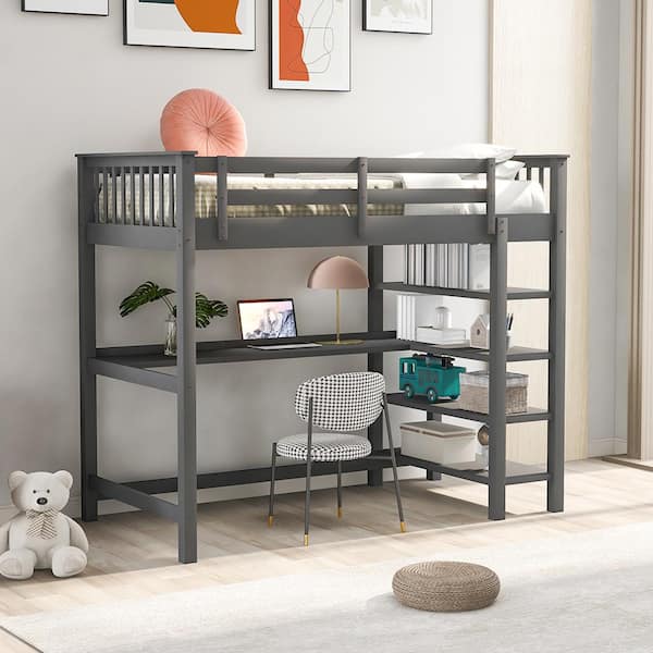 Gosalmon Gray Twin Size Loft Bed With Storage Shelves And Under Bed Desk Wq4446eei5 The Home Depot