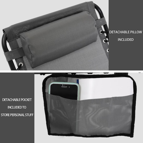 Metal Outdoor Lounge Chair Chaise Lounge Fully Flat with Pillow and Pocket in Dark Gray