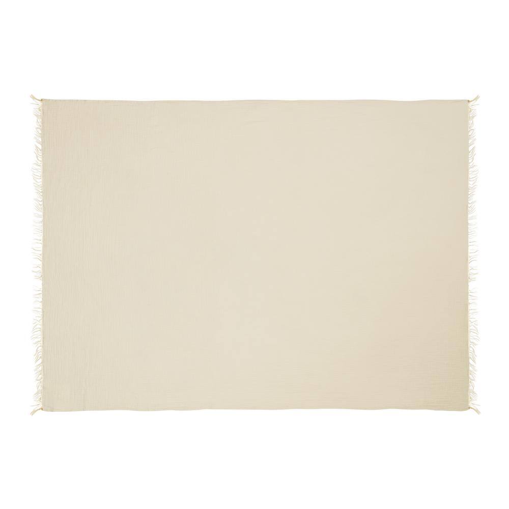 Sandy Farmhouse Beige Turkish Crinkled Cotton Throw Blanket with Fringe