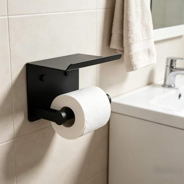 Wall Mount Paper Towel Holder with Shelf for Kitchen, Bathroom Organizing and Storage, Matte Black (1-Pack)