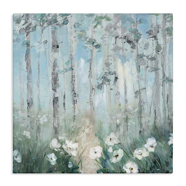 White Flowers Blooming Forest Birch Trees Scenery by Sally Swatland Unframed Graphic Art Print Abstract 24 in. x 24 in.