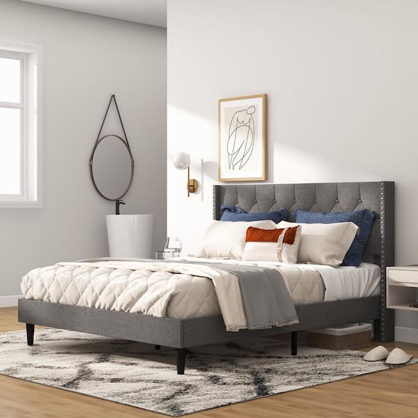 Gray Wood Frame Queen Size Upholstered Platform Bed with Square Stitched Headboard