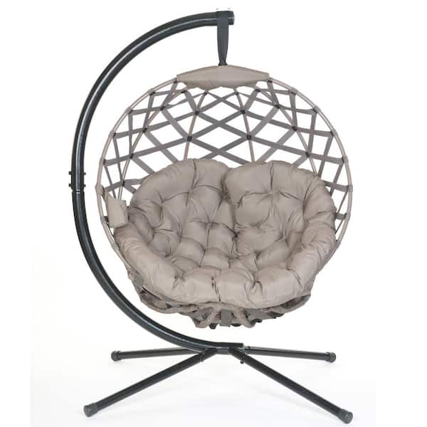 ITOPFOX Outdoor Beige Modern Hanging Ball Chair with Cushion and C