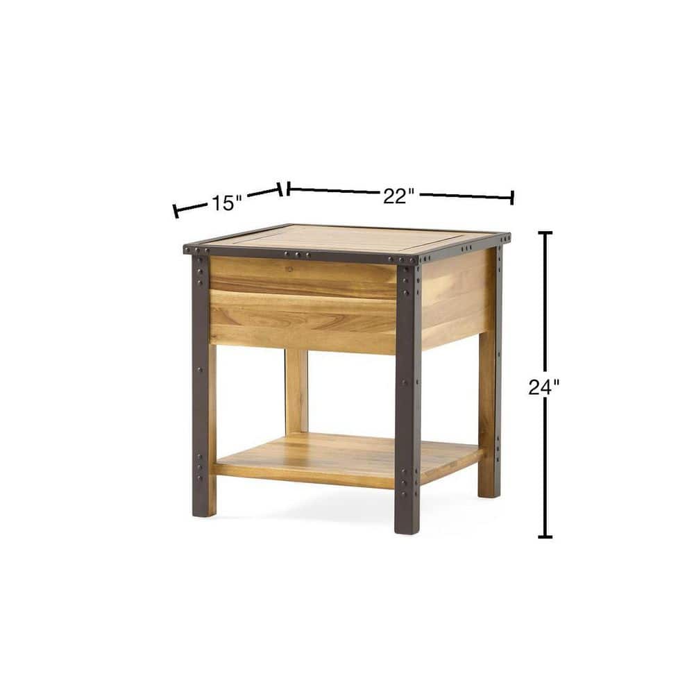 Luna Natural Stained Brown Acacia Wood End Table with Metal Frame
