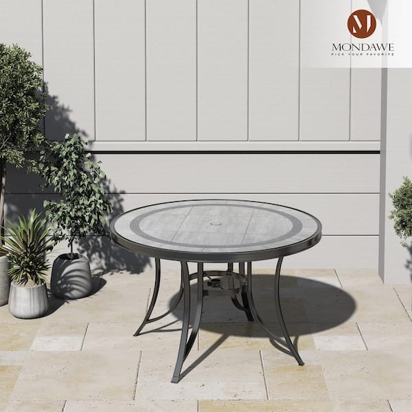Dark Bronze 48 in. W Classic Pattern Tile Round Cast Aluminum Outdoor Dining Table with Umbrella Hole for Porch