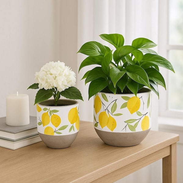 Liv & Skye 6 in. and 7 in. Yellow Ceramic Growing Lemons