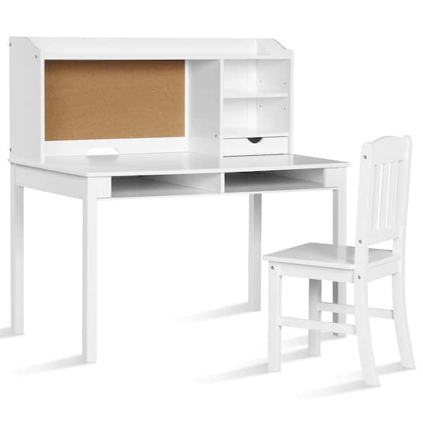White Rectangular Wood Top Kids Desk, Small Office Rectangular Desk With Hutch Bookcase White