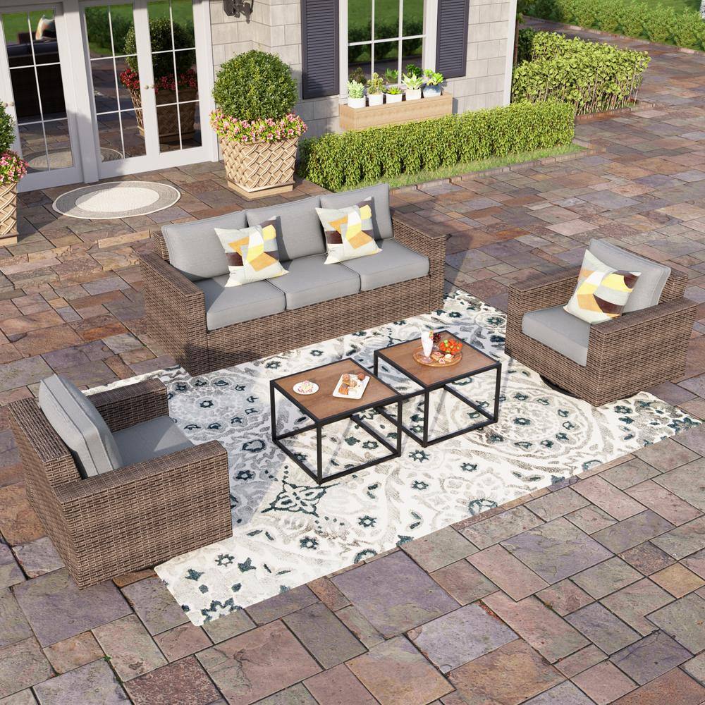 PHI VILLA Brown Rattan Wicker 5 Seat 5Piece Steel Outdoor Couches with