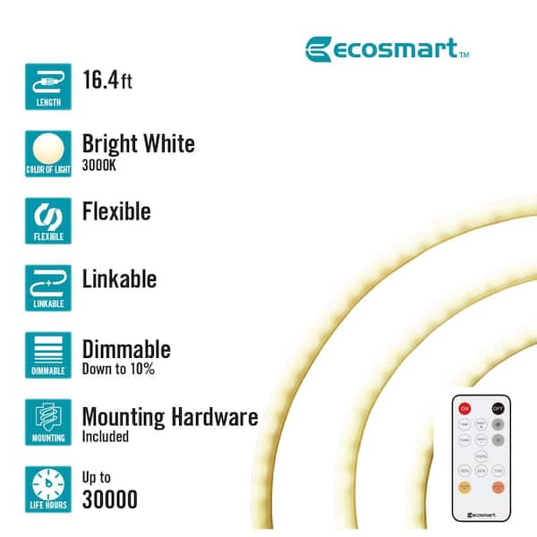 16.4 ft. Plug-In Bright White LED 360° Outdoor Dimmable Linkable Rope Light with Remote Control