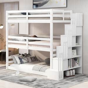 White Twin Over Twin over Twin Triple Bunk Bed with Storage Staircase, Separate Design
