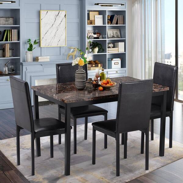 Harper & Bright Designs Black 5-Piece Faux Mable and PU Leather Dining Set