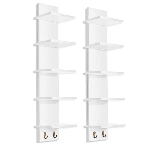 5-Tier Wall Shelf Unit with Hooks (Set-2), 6 in. W x 5 in. D White MDF Decorative Wall Shelf, Column Utility Shelving