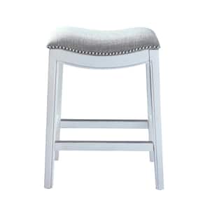 Zoey 31 in. Whitewashed Backless Swivel Wood Bar Stool with Gray Upholstered Seat, 1-Stool
