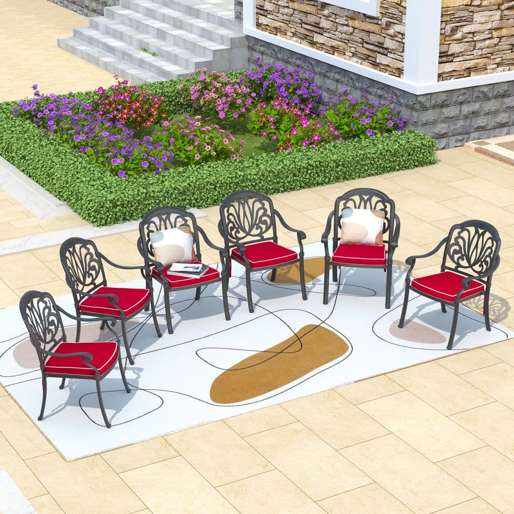 Matte Black Cast Aluminum Dining Chairs with Cushions, Set of 6