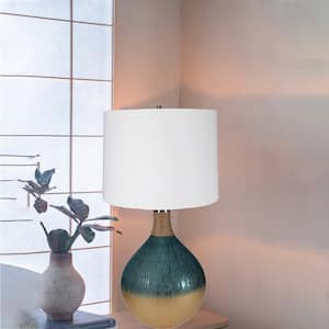 28.5 in. Green Glass Modern Integrated LED Table Lamp for Living Room, Bedroom and Office with White Metal Shade
