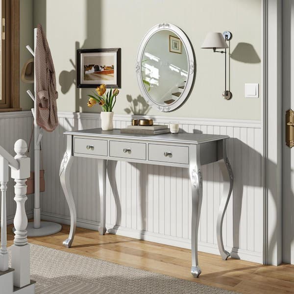 Unbranded Silver Makeup Vanity Table, Luxury Makeup Vanity Desk with Oval  Mirror, 3-Drawer Dressing Table, Elegant Console Table N844P292481HL-S