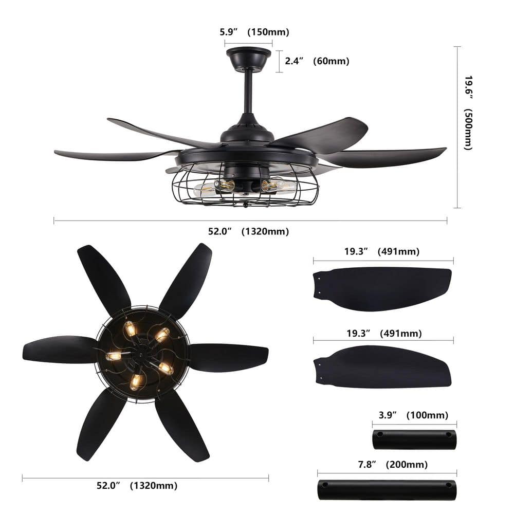 Matte Black 52'' Ceiling Fan with LED Light and Remote