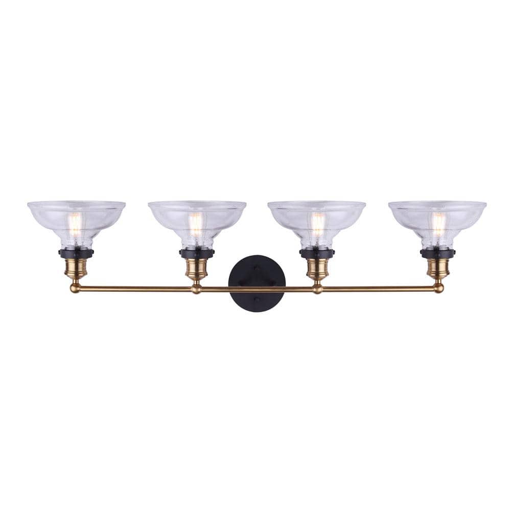 Gold and Matte Black 4-Light Vanity with Clear Glass Shades