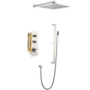 Thermostatic 2-Spray Patterns 10 in. Wall Mount Dual Shower Heads with Adjustable Height Hand Shower in Brushed Nickel