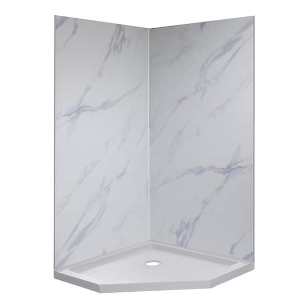 CRAFT + MAIN JETCOAT 42 in. x 42 in. x 78 in. 3-Piece Shower Kit in Carrara White 36 in. x 36 in. Neo Angle Base in White