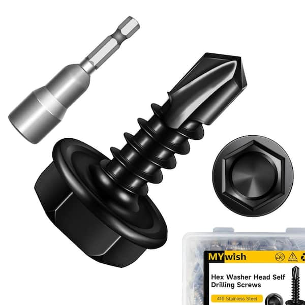 #8 x 1/2 in. Black Oxide 410 Stainless Steel Hex Washer Head Self Drilling Sheet Metal Screws (100-Pack)