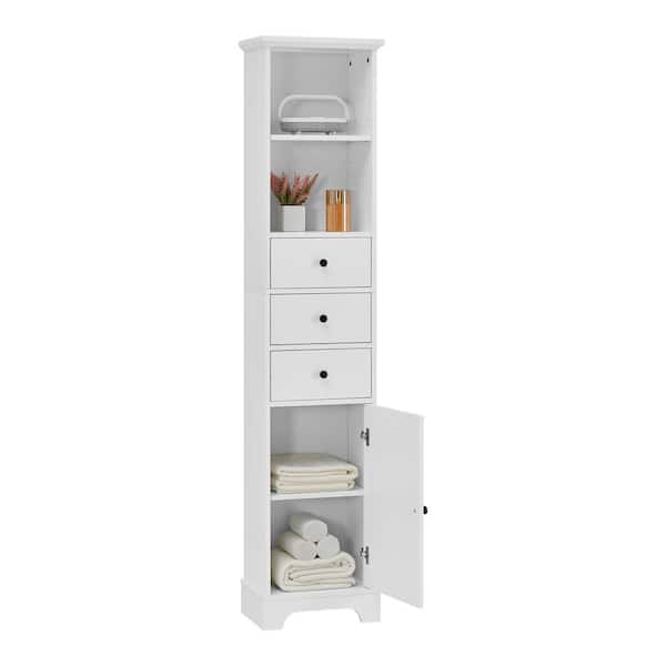 Siavonce 10.00 in. W x 15.00 in. D x 68.30 in. H White Freestanding Storage Linen Cabinet with 3 Drawers and Adjustable Shelf