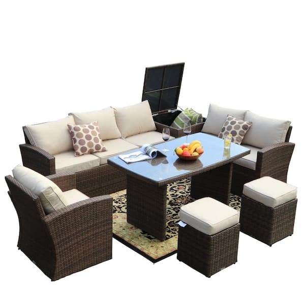 DIRECT WICKER Beverly 7-Piece Steel Wicker Patio Furniture Outdoor Sectional Sofa Set with Beige Cushions and Ottomans