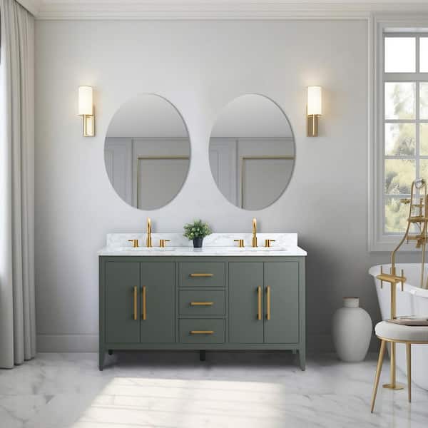Vanity Art 60 in. W x 22 in. D x 34 in. H Double Sink Bathroom Vanity Cabinet in Vintage Green with Engineered Marble Top in White