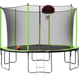 12 ft. Outdoor Round GreenTrampoline with Basketball Hoop, Hoop, Net, Rubber Ball, Inflator and Ladder
