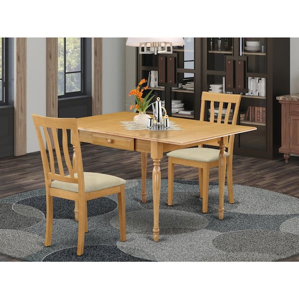 East West Furniture 3-Piece Natural Brown Oak Finish Solid Wood Top With Dropleaf Dining Table Set