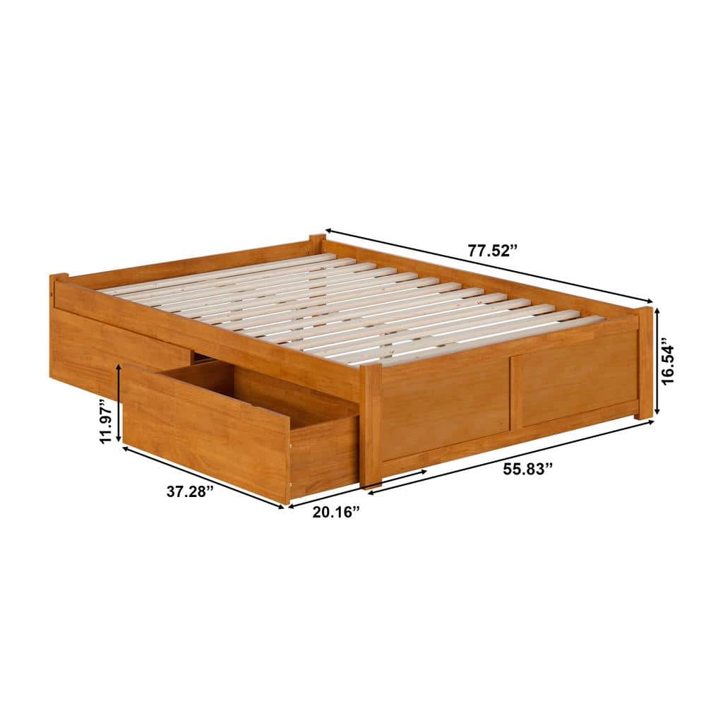 Light Toffee Full Wood Platform Bed with Footboard and Storage Drawers