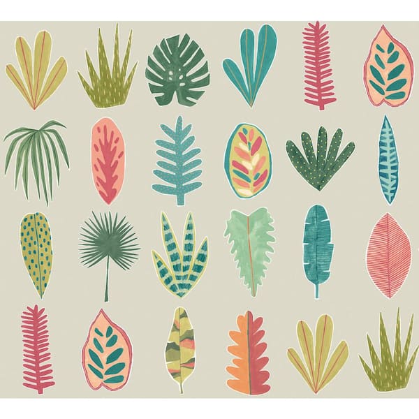 OhPopsi Leaf Boogie Neutral Multi-Colored Tropical Mix Botanical Paper Washable Wallpaper Roll